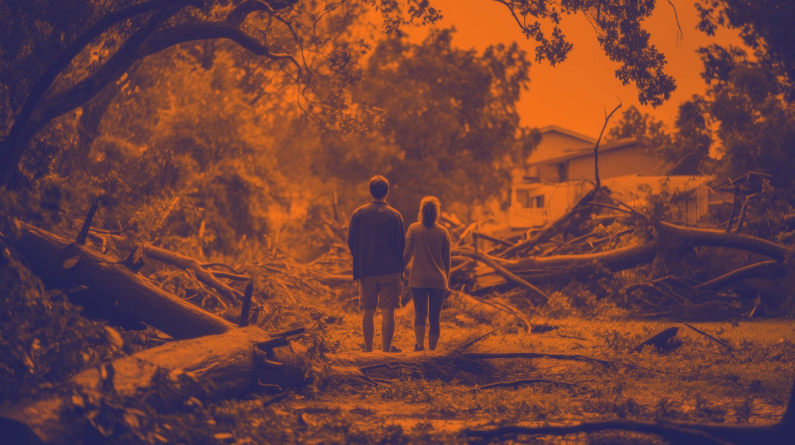 Two people standing in a disaster area